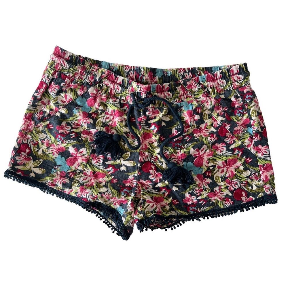 Linen Blend Floral Fringe Trim Pull On Shorts Size M Navy Blue Pink Green Beachy